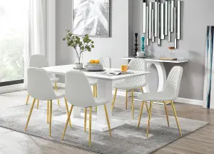 Imperia White High Gloss 6 Seater Dining Table with Structural 2 Plinth Column Legs 6 White Faux Leather Gold Leg Corona Chairs