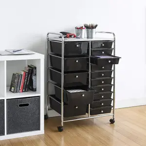 Storage Trolley On Wheels Black 15 Drawer For Salon, Beauty Make Up, Home Office Organiser