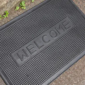 Nicola Spring Heavy Duty Rubber Door Mat - 60cm x 40cm - Black Welcome  - Pack of 2