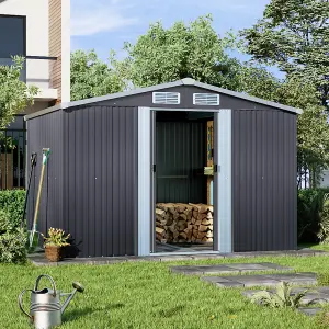 8 X 6 ft Apex Roof Charcoal Black Waterproof Outdoor Metal Shed Garden Storage Shed with Base