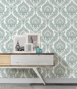 NuWallpaper NU1702 Kensington Damask Peel & Stick Wallpaper, Blue