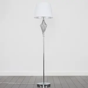 ValueLights Jaspa Modern Polished Chrome Metal Wire Geometric Diamond Design Floor Lamp with White Tapered Shade