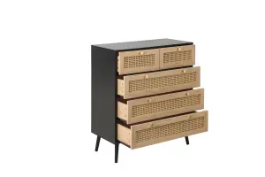 Black Chest of 5 Drawers Rattan Mid Century Modern