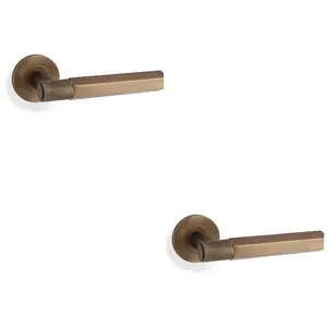 2 PACK - SOLID BRASS Hex Door Handle Set - Italian Brass Industrial Lever Round Rose