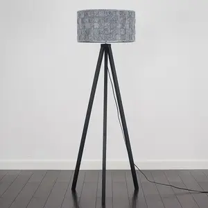 ValueLights Modern Black Wood Tripod Floor Lamp With Grey Weave Fabric Shade