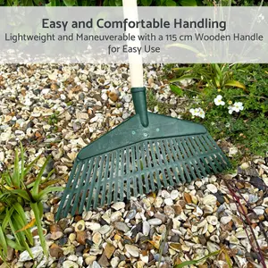 Garden Leaf Rake - 25 Tine Plastic Head & 115 cm Wooden Handle, 39 cm Wide - Lightweight & Durable for Quick Lawn Cleaning