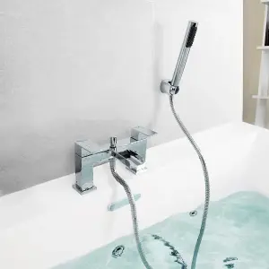 Bath tap with Shower Waterfall Bath Shower Filler Mixer Tub Tap Double Lever Chrome Solid Brass with Handheld Shower Head Faucet