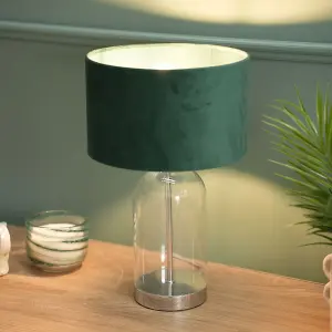 ValueLights Jessy Glass and Silver Chrome Metal Bedside Table Lamp with a Forest Green Velvet Lampshade