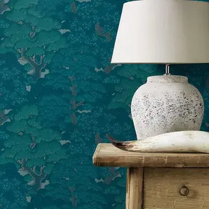 Rasch Botanical Trees Blue Green Wallpaper Textured Paste The Wall Vinyl