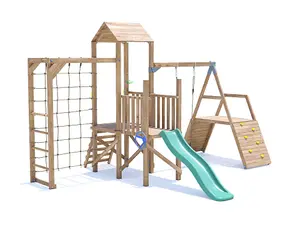 Dunster House Wooden Climbing Frame with Swing, Climbing Wall, Monkey Bars, Cargo Net & Slide BalconyFort High Platform