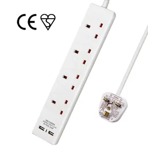 4 Way Socket with Cable 3G1.25,1M,White,with 2 USB Charger,Child Resistant Sockets