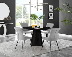 Furniturebox UK Palma Black Semi-Gloss Round Pedestal Dining Table & 4 Light Grey Velvet Nora Black Leg Chairs