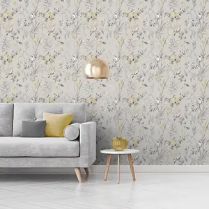 Mariko Bird Floral Wallpaper Grey Crown M1551