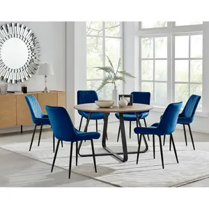 Sandy Classic Wood Effect & Metal Dining Table Set with 6 Luxury Velvet Dining Chairs Navy/Black