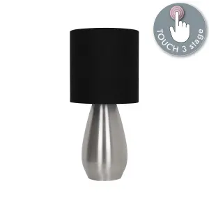 First Choice Lighting Bullet Satin Nickel Touch Table Lamp with Black Fabric Shade