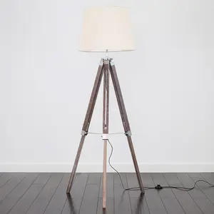 ValueLights Clipper Distressed Wood and Silver Chrome Tripod Floor Lamp with Beige Tapered Light Shade with 6w LED GLS Bulb