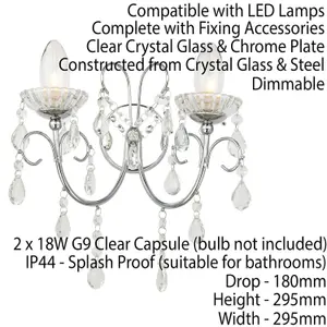 Bathroom Twin Wall Light Chrome & Hanging Crystal Glass Modern IP44 Dimmable