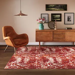 Red Terracotta Distressed Aztec Living Room Rug 190x280cm