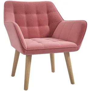 HOMCOM Velvet-Feel Accent Chair with Arms Slanted Back Wood Legs Pink