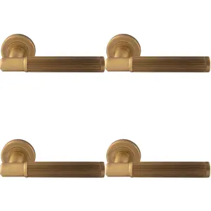 4 PACK - Premium Reeded Lines Door Handle Set - Antique Bass Designer Lever Round Rose