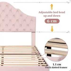 Upholstered Bed 135x190 with Slatted Frame and Height-adjustable Headboard, Double Bed, Velvet, Pink