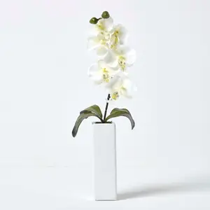 Homescapes Set of 2 Artificial Pink & Cream Orchids in Thin Cream Vases, 43 cm