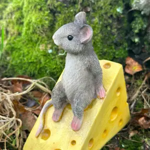 Cute mouse on cheese wedge fairy woodland or garden ornament