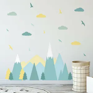 Walplus Colourful Mountains Landscape,Green, Scandinavian Style, Children Wall Stickers Kids Sticker PVC Yellow & Blue