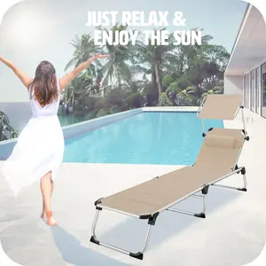 Sun Lounger Lorella - padded, foldable, with sunshade, 6-step backrest, cushion - beige