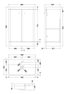 Floor Standing 2 Door Bathroom Vanity Unit with Ceramic Basin - 600mm - Soft Black