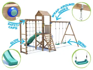 Dunter House Climbing Frame with Swings, Slide, Bars & Net BalconyFort Low Platform