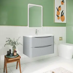 Wall Hung 2 Drawer Vanity Basin Unit with Polymarble Basin, 800mm - Satin Grey