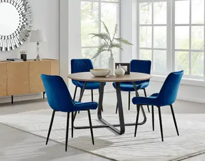 Furniturebox UK Santorini Brown Round Round Dining Table And 4 Navy Pesaro Black Leg Chairs