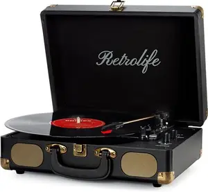 Retrolife Vinyl Record Player 3-Speed Bluetooth Suitcase Portable Belt-Driven Record Player With Built-In Speakers RCA Line Out AUX In Headphone