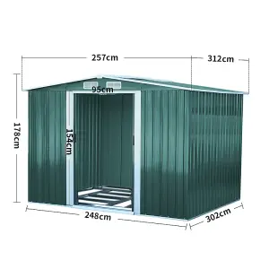 10 x 8 ft Metal Shed Garden Storage Shed Apex Roof Double Door with Base Foundation,Dark Green