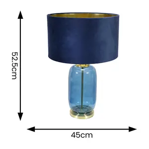 ValueLights Leigh Navy Blue and Gold Glass Table Lamp with Navy Velvet and Gold Inner Shade