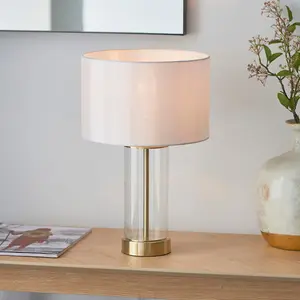 Luminosa Lessina Base & Shade Table Lamp, Satin Brass Plate, Glass, Vintage White Fabric