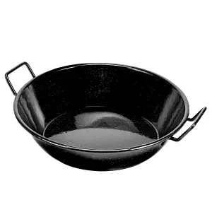 Royalford 34cm Enamel Wok Pan Induction Safe Paella Pan Kadai with Raised Handles, Black