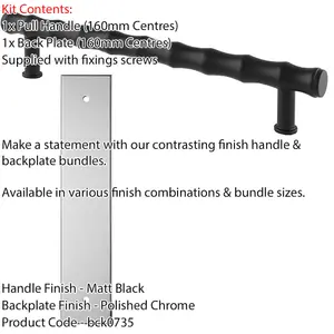 Pull Handle & Contrasting Backplate Set - Modern Bamboo T Bar - Matt Black & Chrome