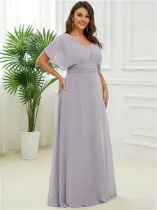 Ever-Pretty Ruffle Sleeves Long Empire Waist Plus Size Evening Gown Polyester