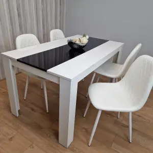 Wooden White Black Dining Table  with 4 White Stitched Leather Chairs Set