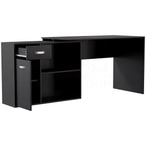 Vida Designs Longton Black Adjustable L-Shaped Computer Desk with Shelves, Drawer and Door