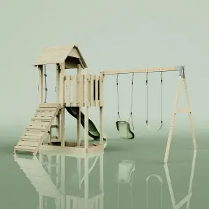 PolarPlay Balcony Tower Kids Wooden Climbing Frame with Swing and Slide - Swing Hagen Sage