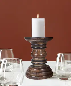 Rustic Antique Carved Wooden Pillar Church Candle Holder Light Brown, Medium 19cm High