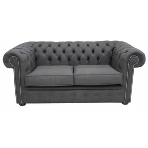 Chesterfield 2 Seater Sofa Charles Charcoal Grey Linen Fabric In Classic Style