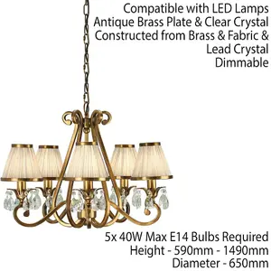 Esher Ceiling Pendant Chandelier Brass Crystal & Beige Shades 5 Lamp Light