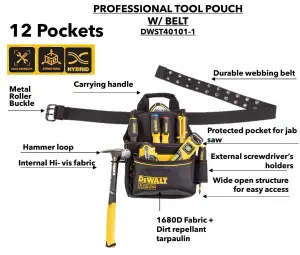 Dewalt DWST40101-1 Pro Single Pocket Tool Pouch with Belt Storage Bag 12 Pockets