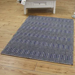 Blue Geometric Handmade Modern Wool Easy To Clean Rug Dining Room Bedroom And Living Room-100cm X 150cm