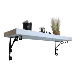 Solid Wood Handmade Rustical Shelf White 145mm 6 inch with Black Metal Bracket WO Length of 140cm