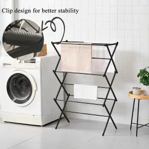 3 Tier Extendable Compact Clothes Airer With 7.5m Washing Line Drying Space Towel Rack - Black